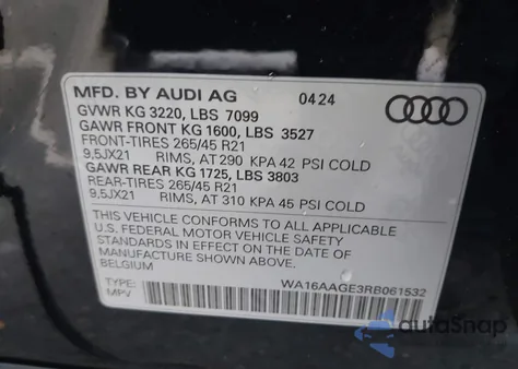 2024 Audi Q8 E-Tron Prestige Quattro z USA, uszkodzony, nr VIN WA16AAGE3RB061532